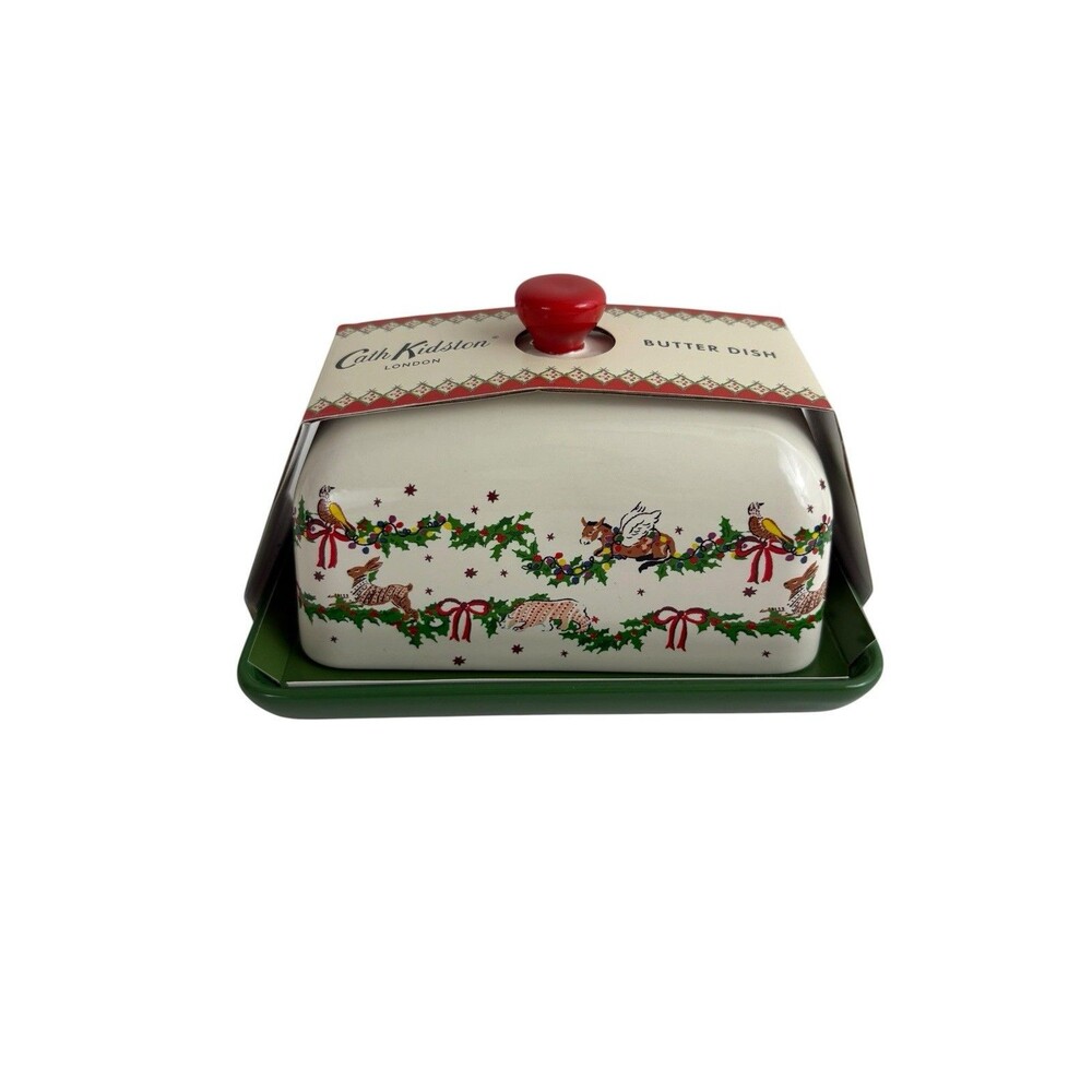 Cath Kidston Holiday Christmas Animal Garland England Butter Dish & Lid NEW